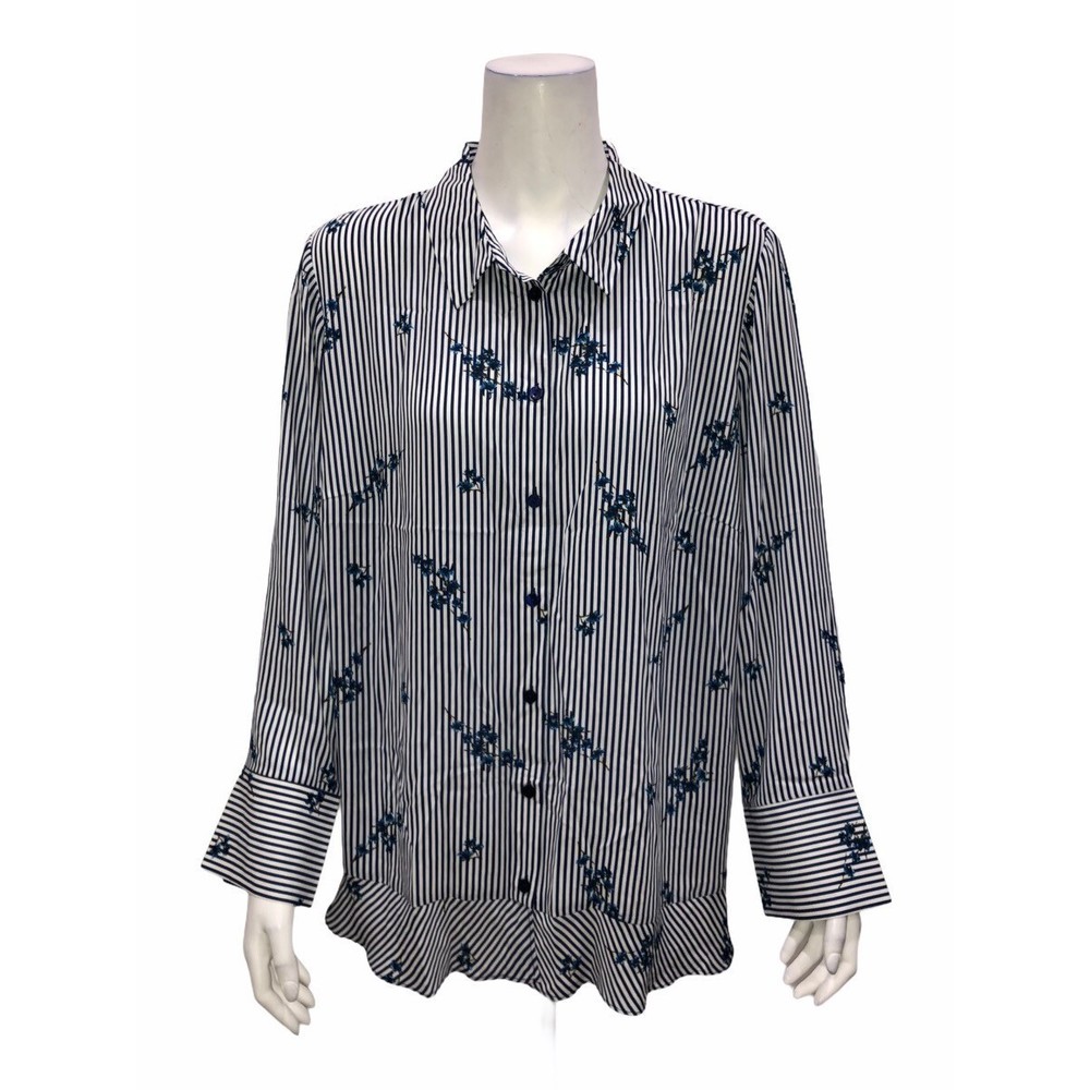 Joan Rivers Women's Floral Striped Shirt Ruffle Detail Blouse Top Navy Size 2